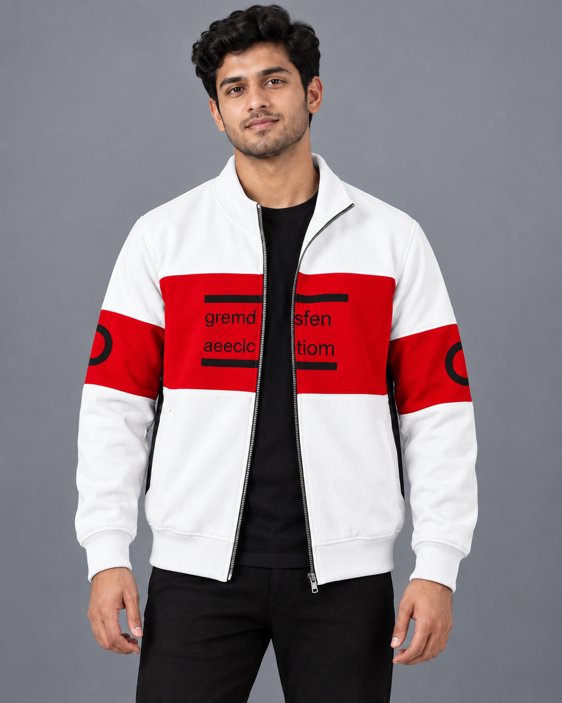 White and red colourblock fleece jacket, black styling T-shirt, grey studio background