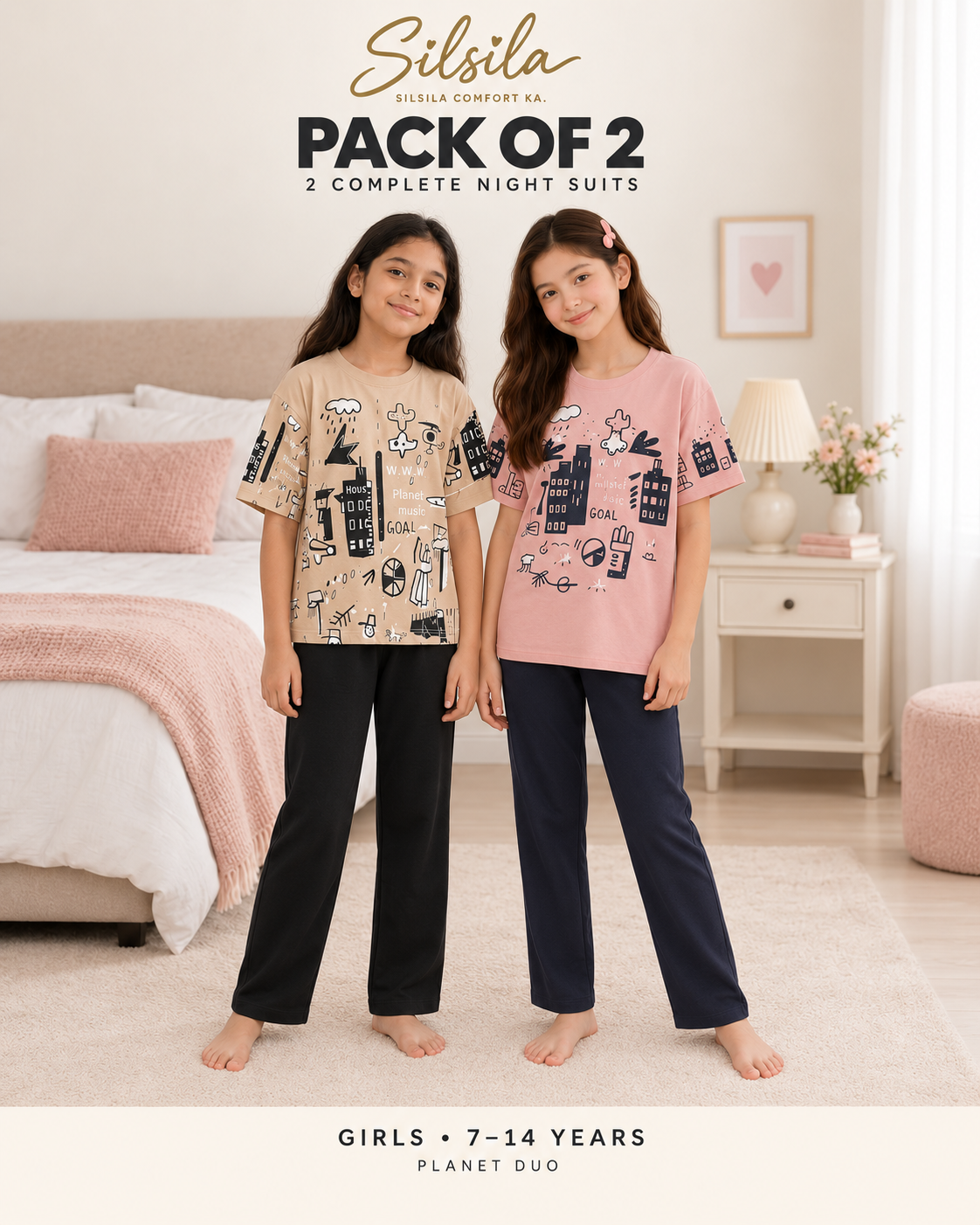 Pack of 2 Girls Planet Night Suits – Brown and Pink – ages 7–14