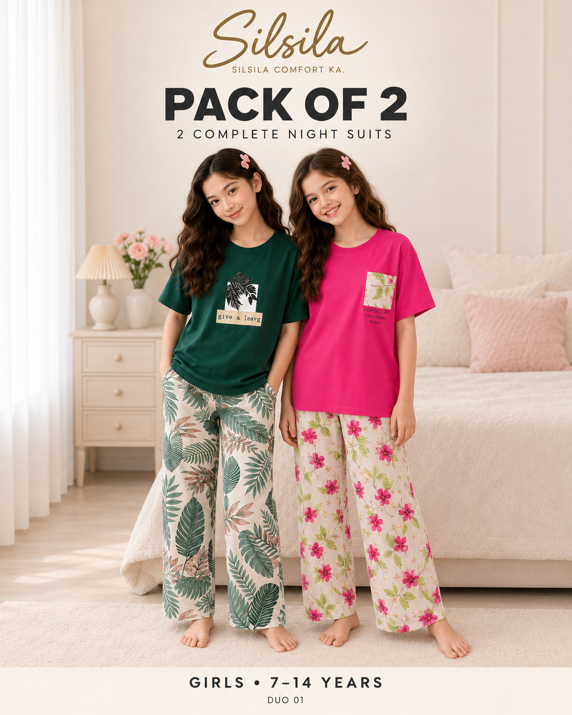 Silsila Pack of 2 Girls Night Suits (7–14 Years) – Green Leaf + Atishi Leaf