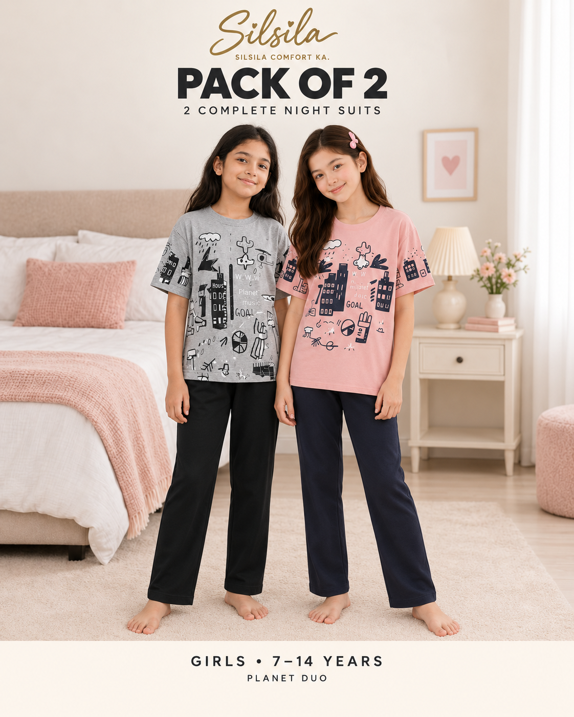 Pack of 2 Girls Planet Night Suits – Grey and Pink – ages 7–14