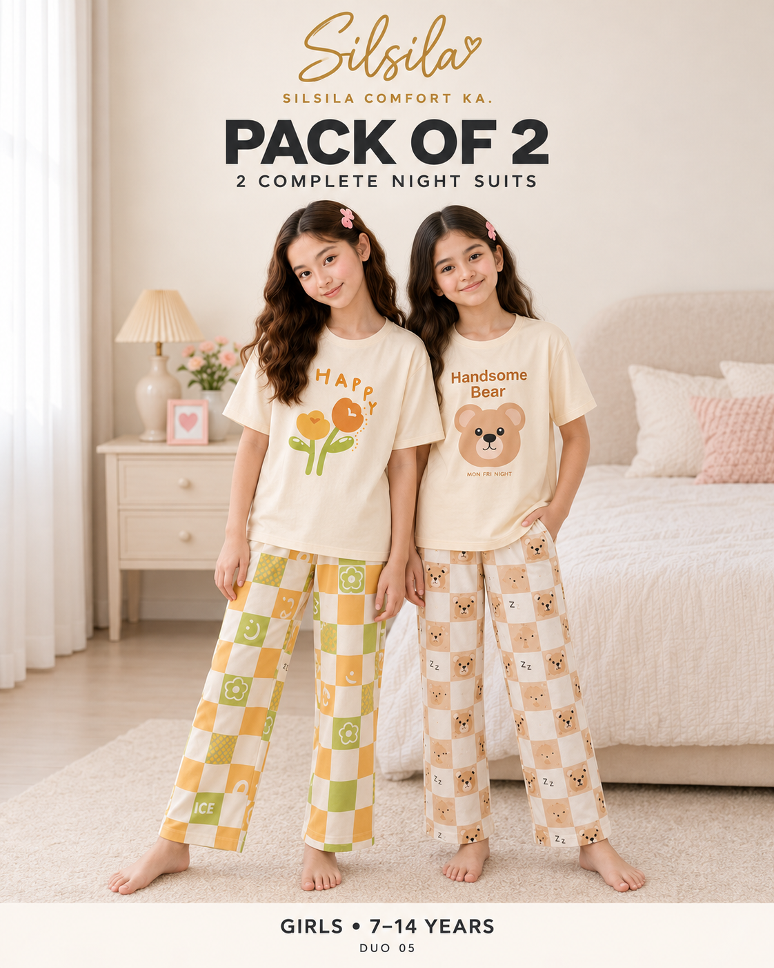 Silsila Pack of 2 Girls Night Suits (7–14 Years) – Happy Flower + Handsome Panda