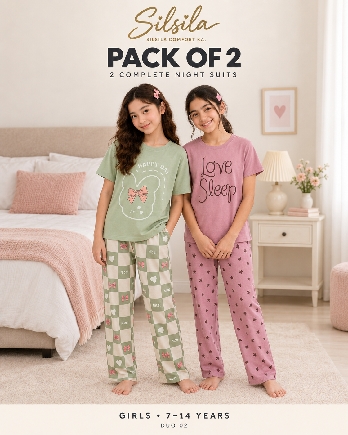 Silsila Pack of 2 Girls Night Suits (7–14 Years) – Pista + Love Sleep