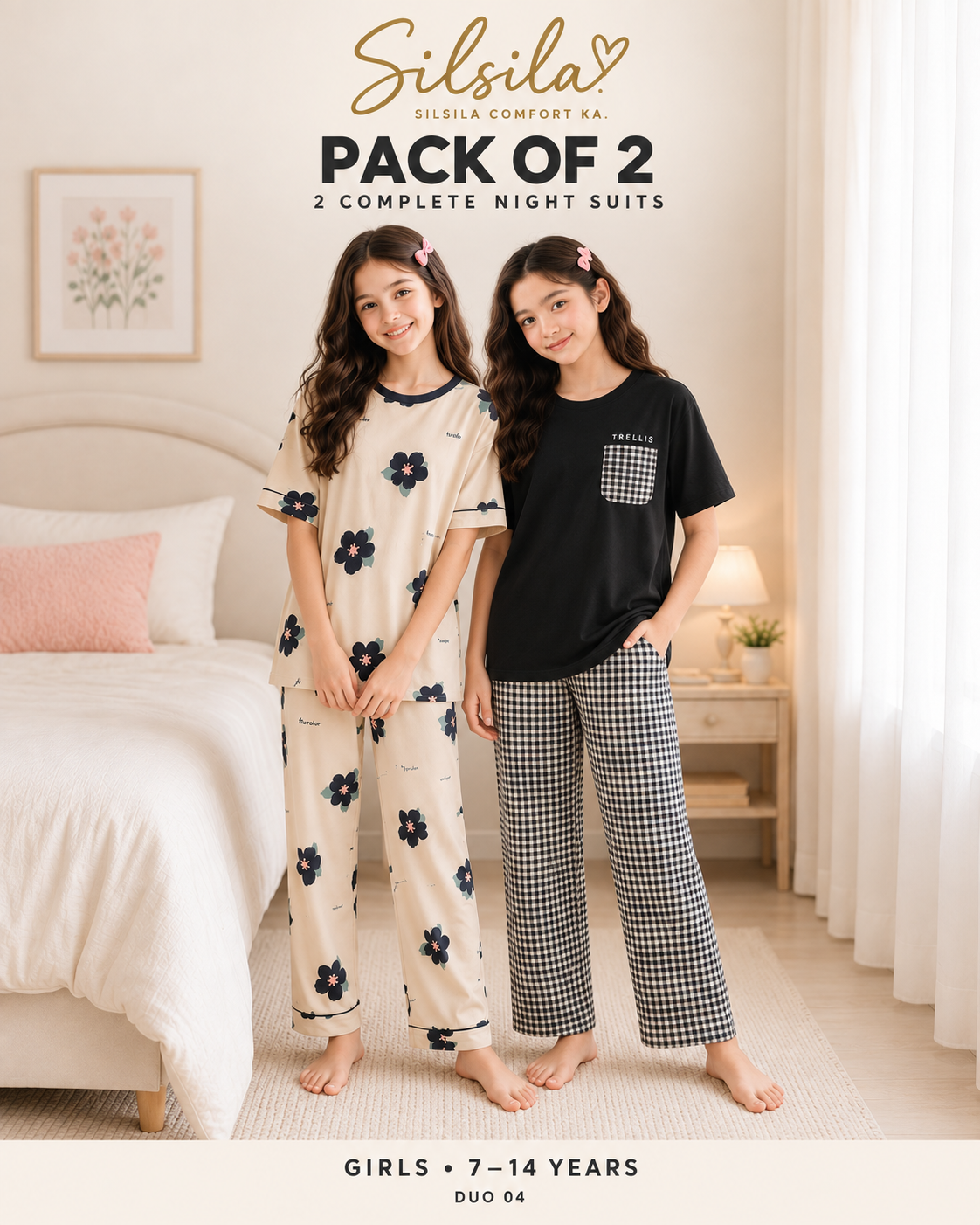 Silsila Pack of 2 Girls Night Suits (7–14 Years) – Skin Flower + Trellis