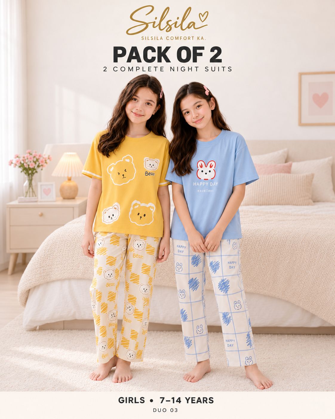Silsila Pack of 2 Girls Night Suits (7–14 Years) – Yellow Panda + Happy Day