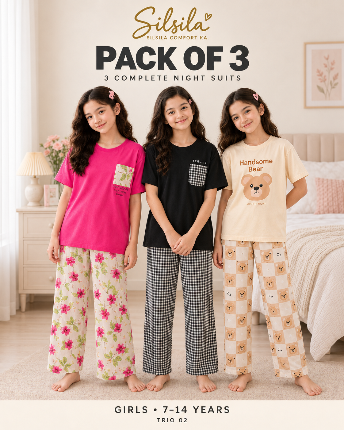 Silsila Pack of 3 Girls Night Suits (7–14 Years) – Atishi Leaf + Trellis + Handsome Panda