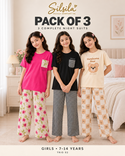 Silsila Pack of 3 Girls Night Suits (7–14 Years) – Atishi Leaf + Trellis + Handsome Panda