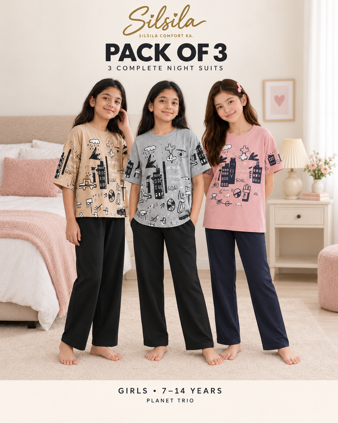 Pack of 3 Girls Planet Night Suits – Brown, Grey and Pink – ages 7–14