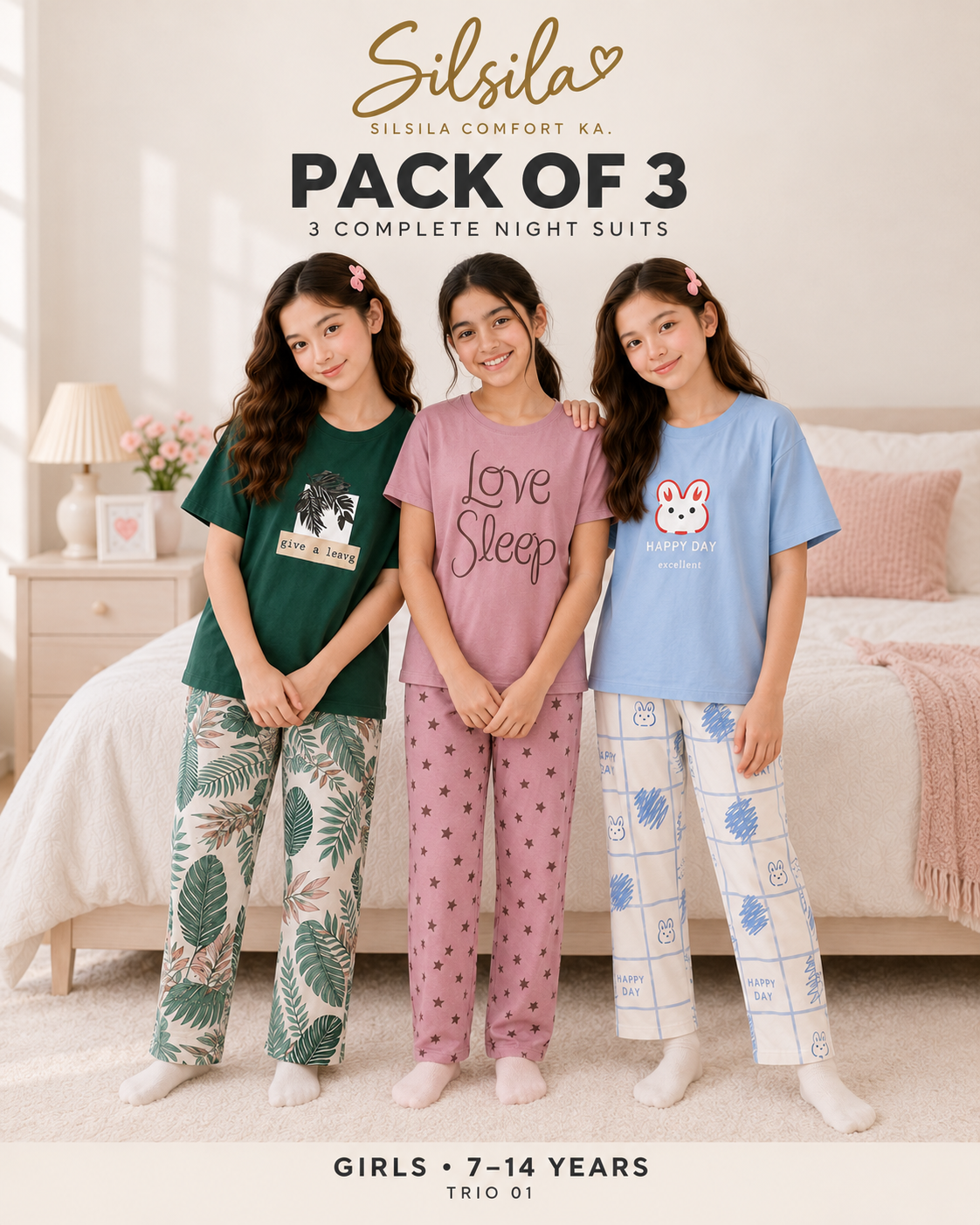 Silsila Pack of 3 Girls Night Suits (7–14 Years) – Green Leaf + Love Sleep + Happy Day