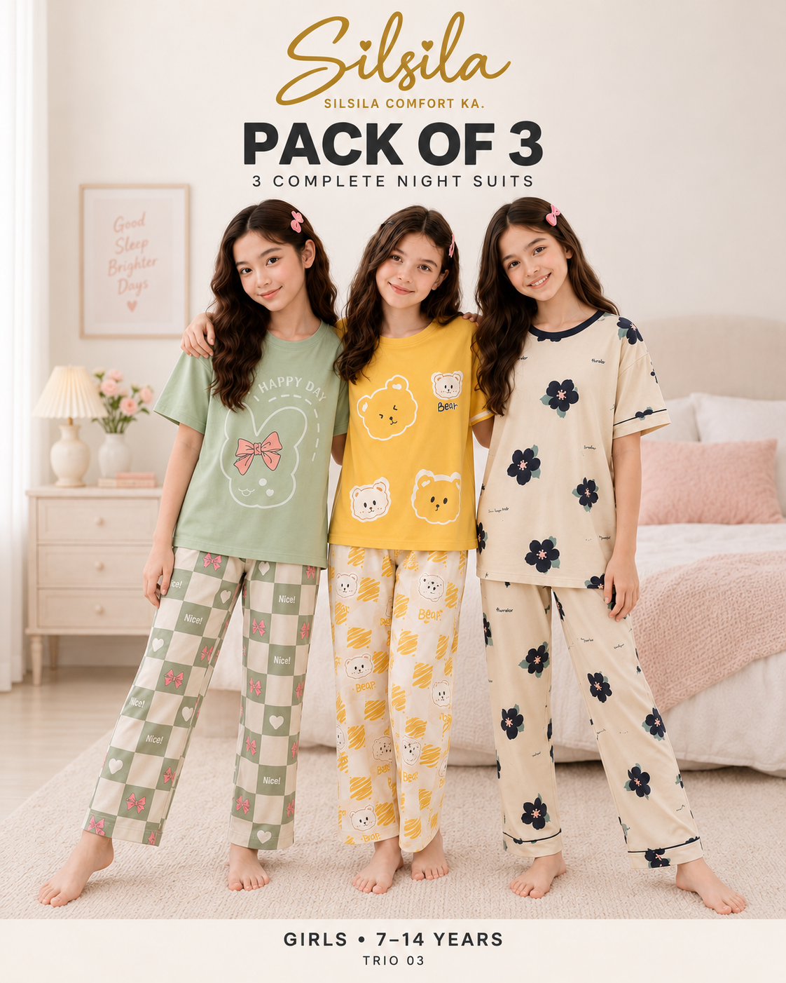 Silsila Pack of 3 Girls Night Suits (7–14 Years) – Pista + Yellow Panda + Skin Flower
