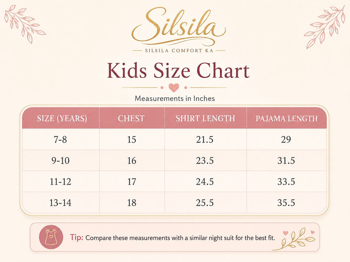 Silsila girls nightwear size chart for ages 7–14