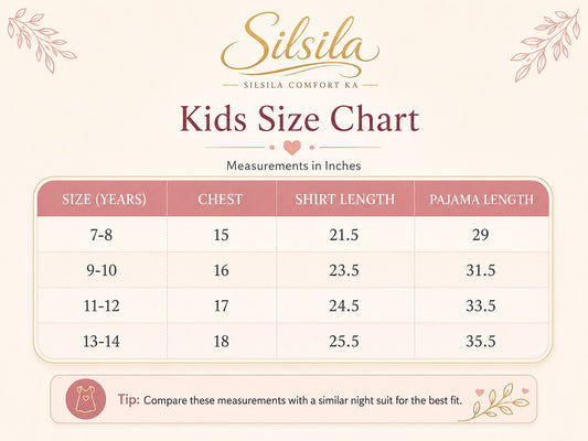 Silsila girls 7 to 14 years size chart