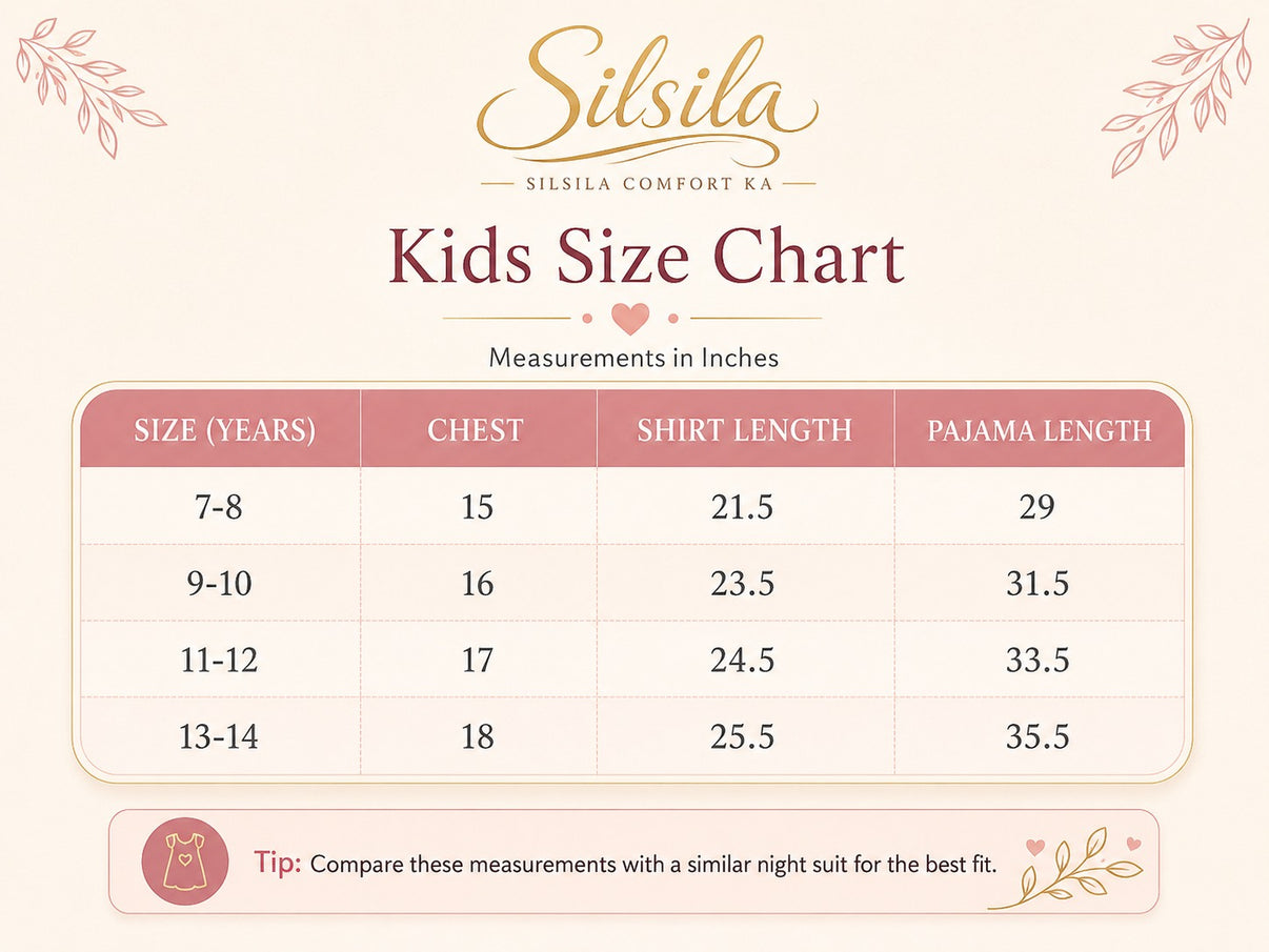Silsila girls 7 to 14 years size chart