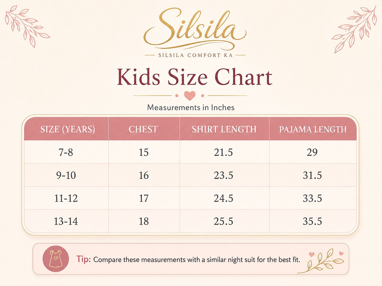 Silsila girls 7 to 14 years size chart