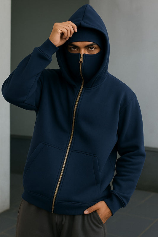 Navy plain high-zip fleece balaclava hoodie — original front model photo