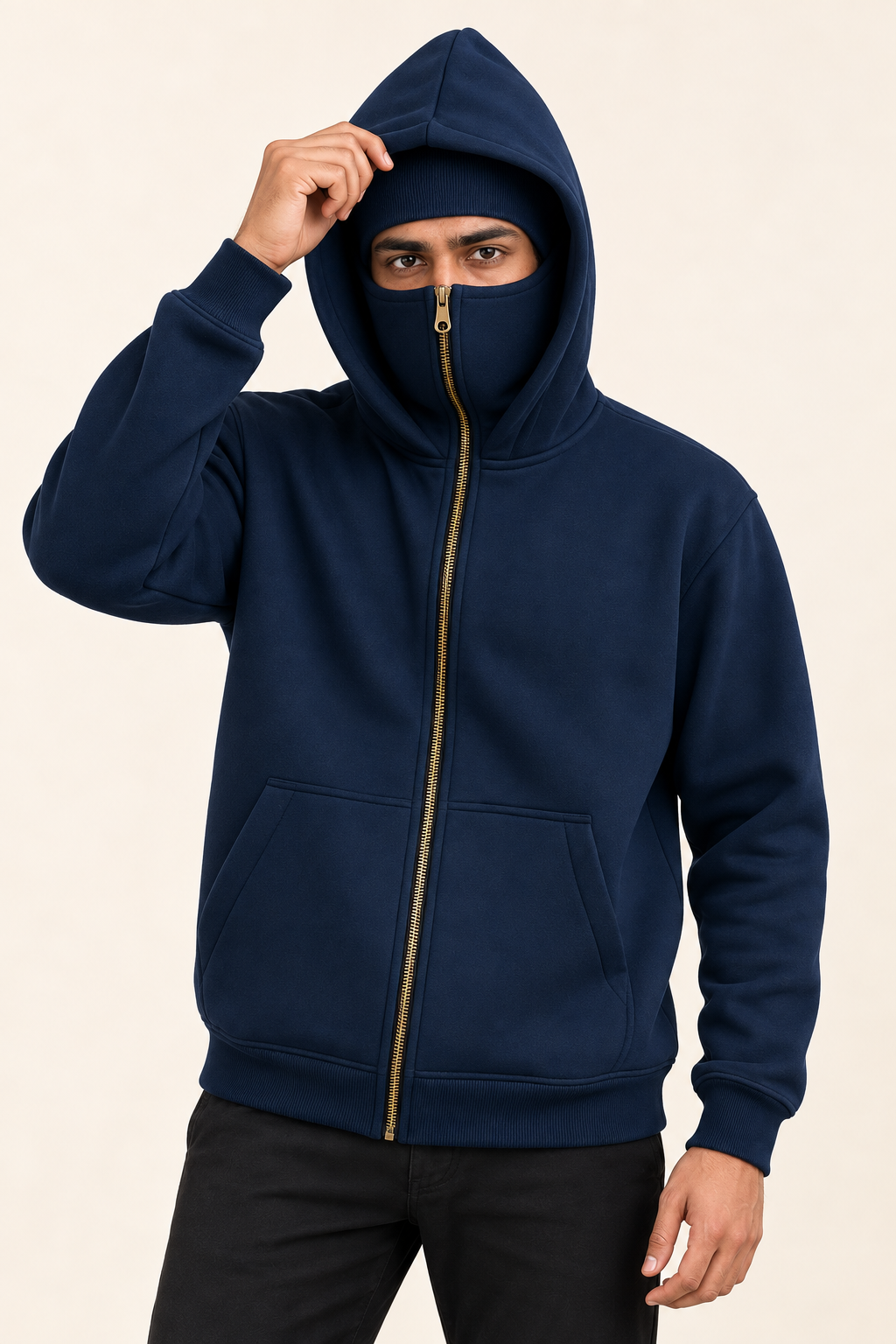 Navy Plain High-Zip Fleece Hoodie — front view on model