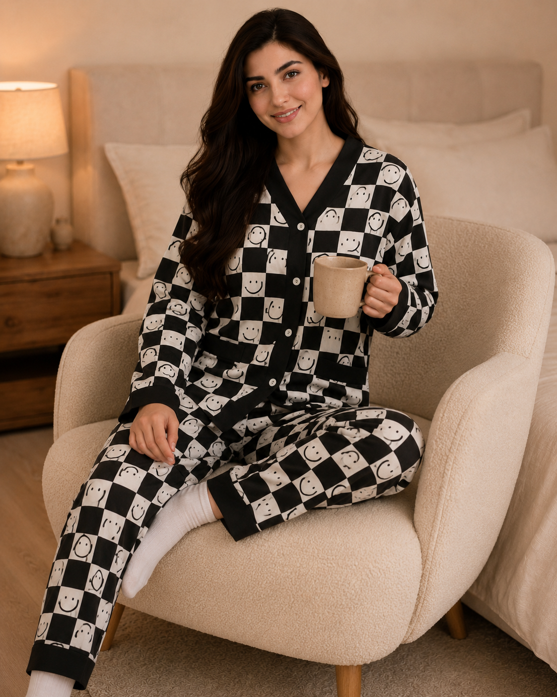 Chess Smiley Premium Night Suit – front lifestyle