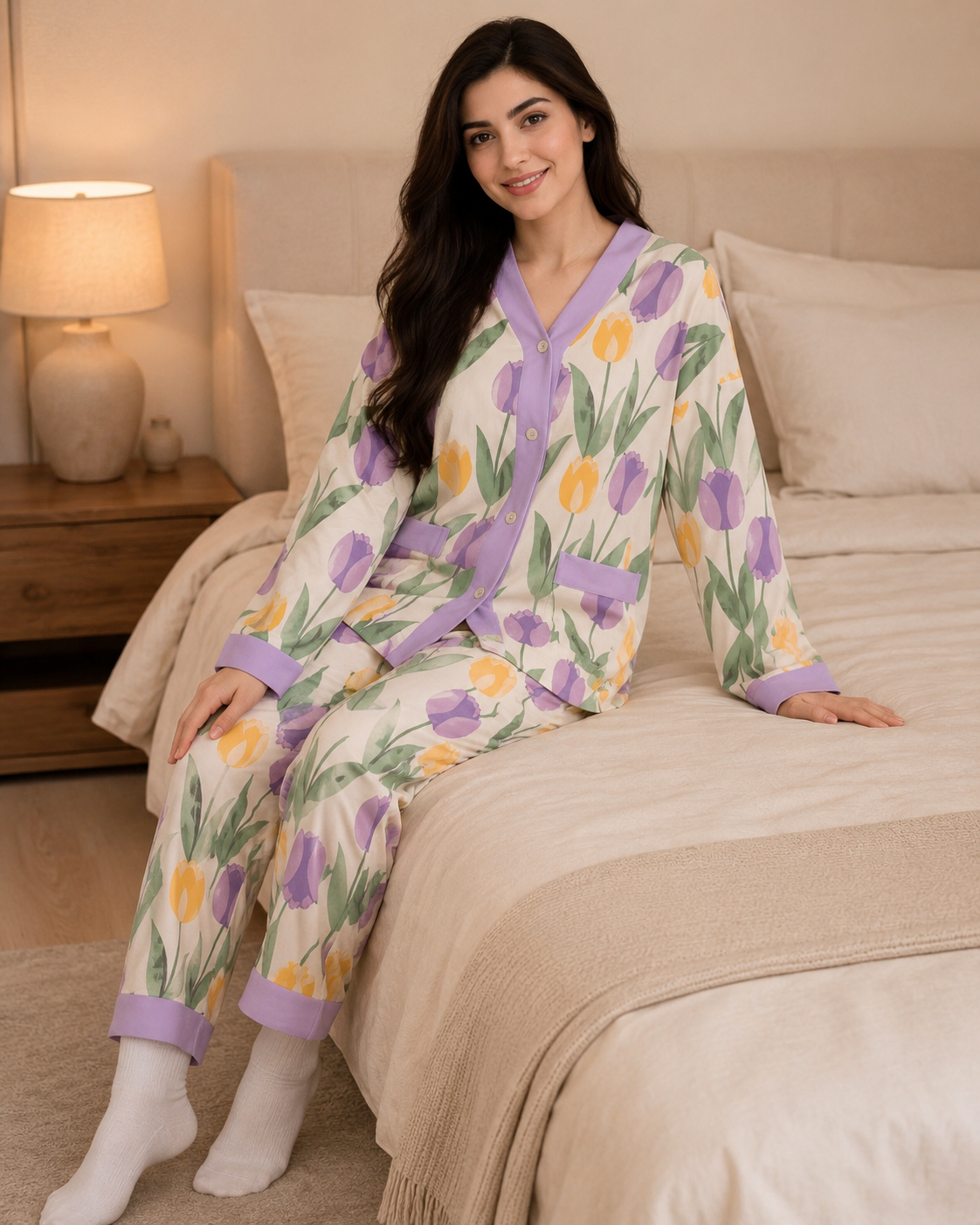 Purple Tulip Premium Night Suit – seated lifestyle