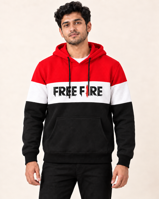 Model wearing Red White Black Free Fire Fleece Hoodie