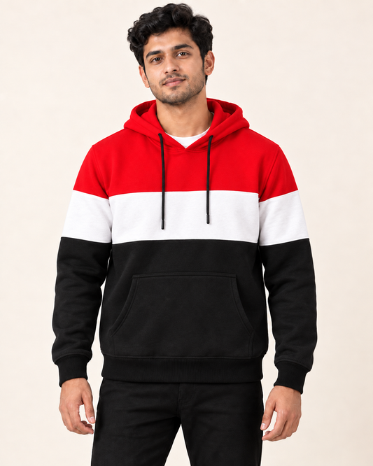 Model wearing Red White Black Plain Fleece Hoodie