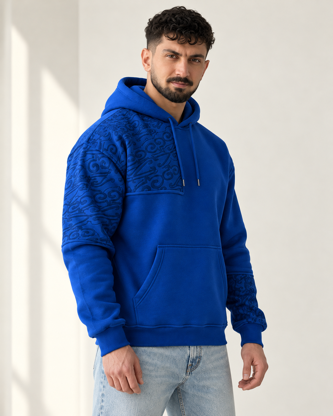 Royal Blue Ornamental Print Fleece Hoodie for men — three-quarter view