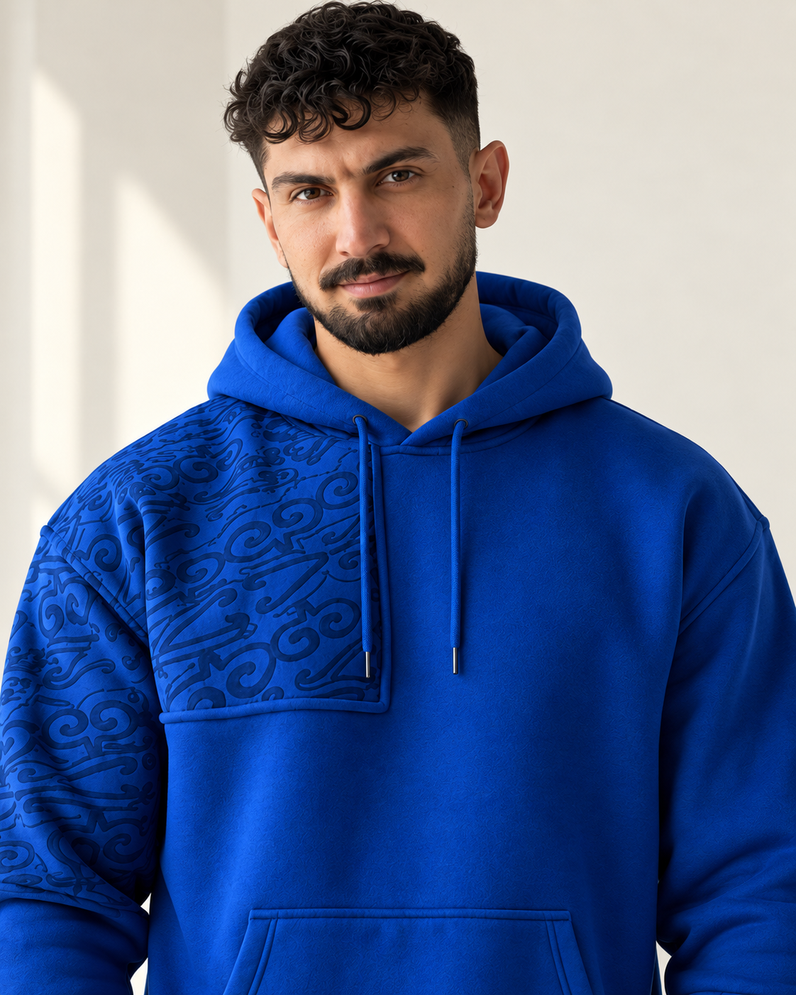 Royal Blue Ornamental Print Fleece Hoodie for men — hood and chest print close-up