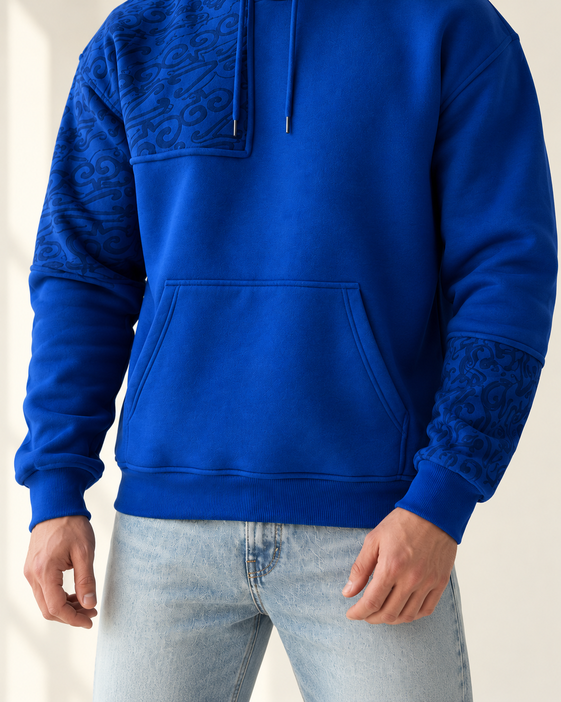 Royal Blue Ornamental Print Fleece Hoodie for men — pocket, sleeve print and cuff detail