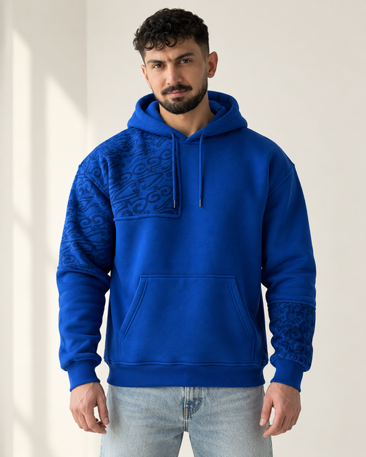 Royal blue ornamental print pullover hoodie for men, front view
