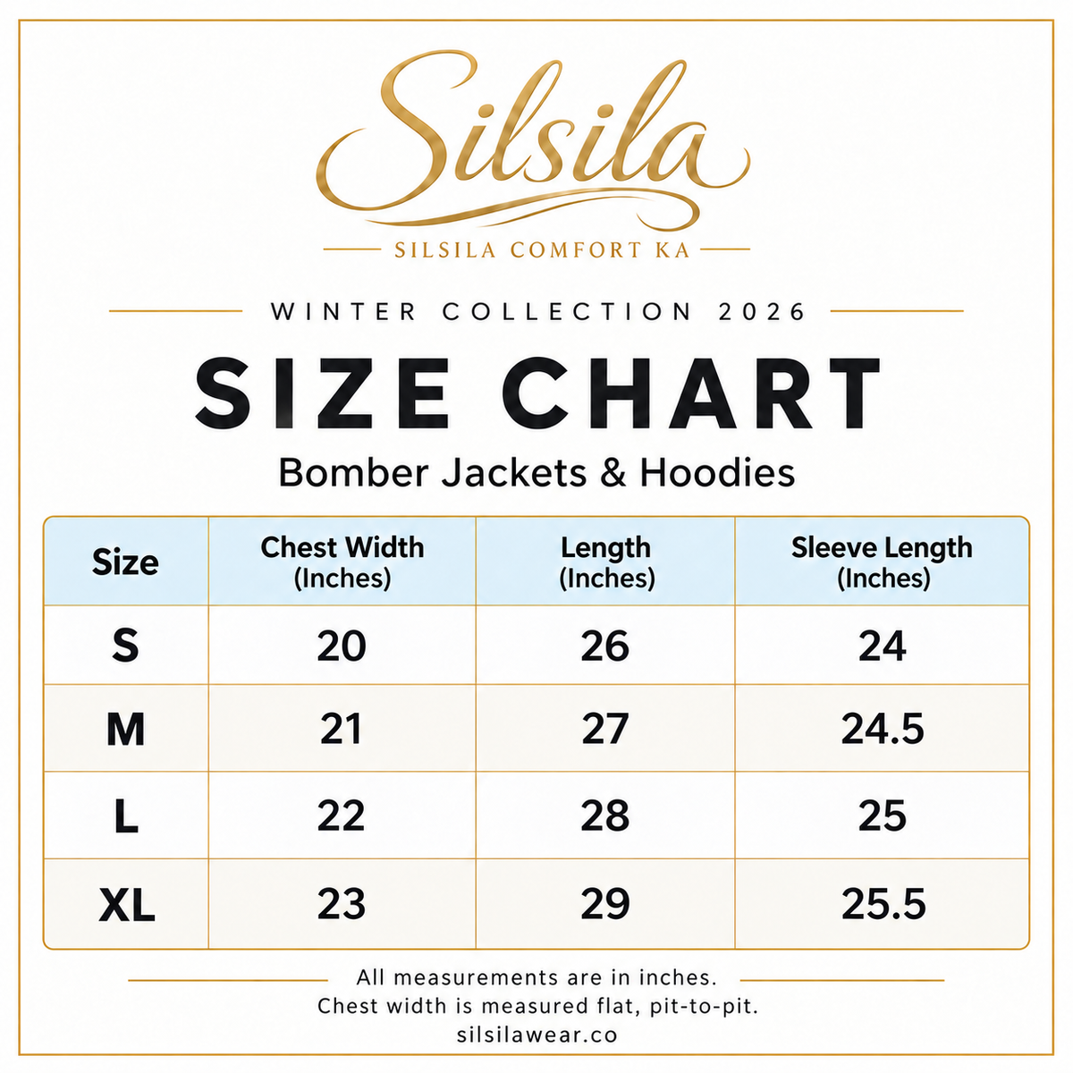 Silsila winter bomber jackets and hoodies size chart, Small to XL, measurements in inches