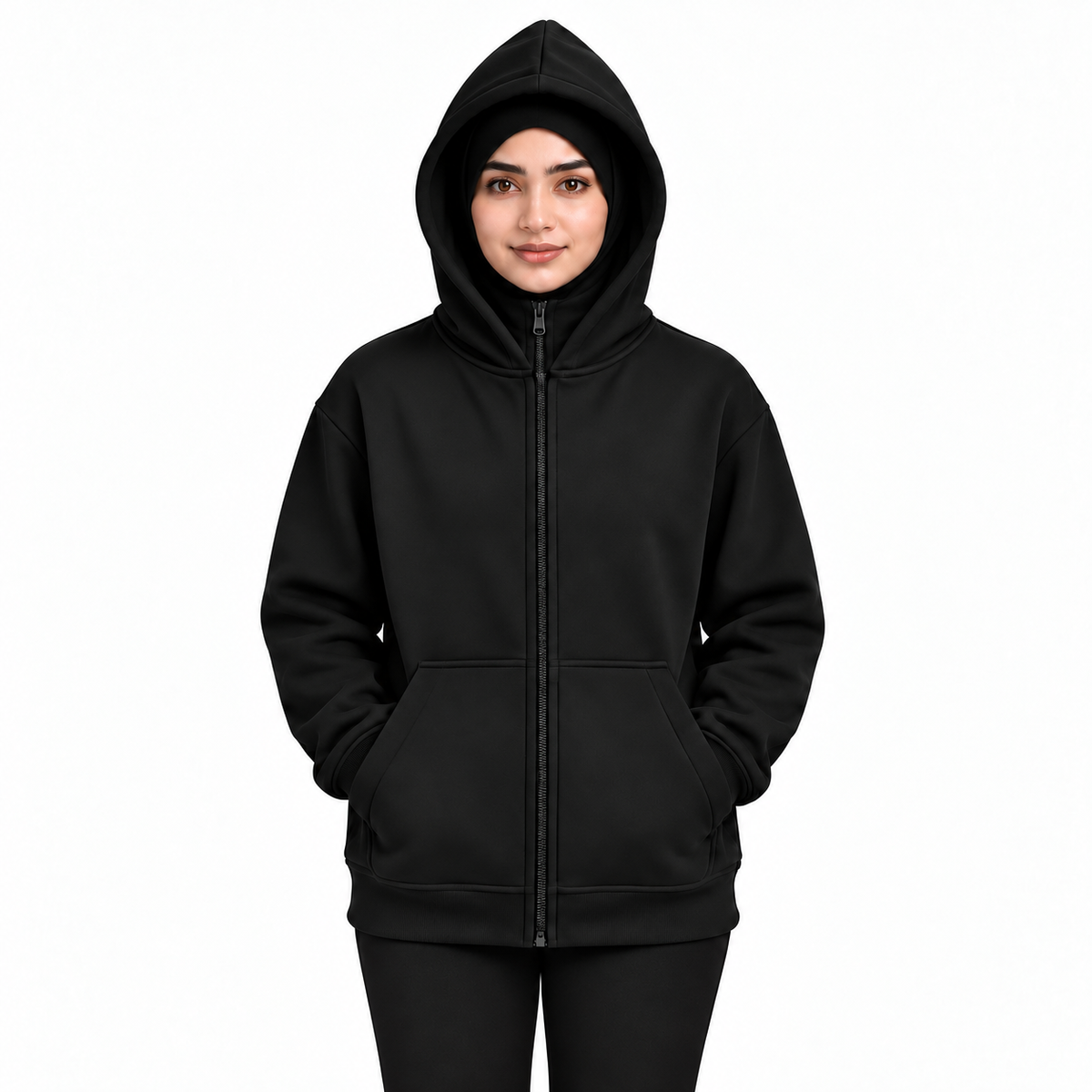 Women's Black High-Zip Fleece Balaclava Hoodie on a female model, face zip lowered