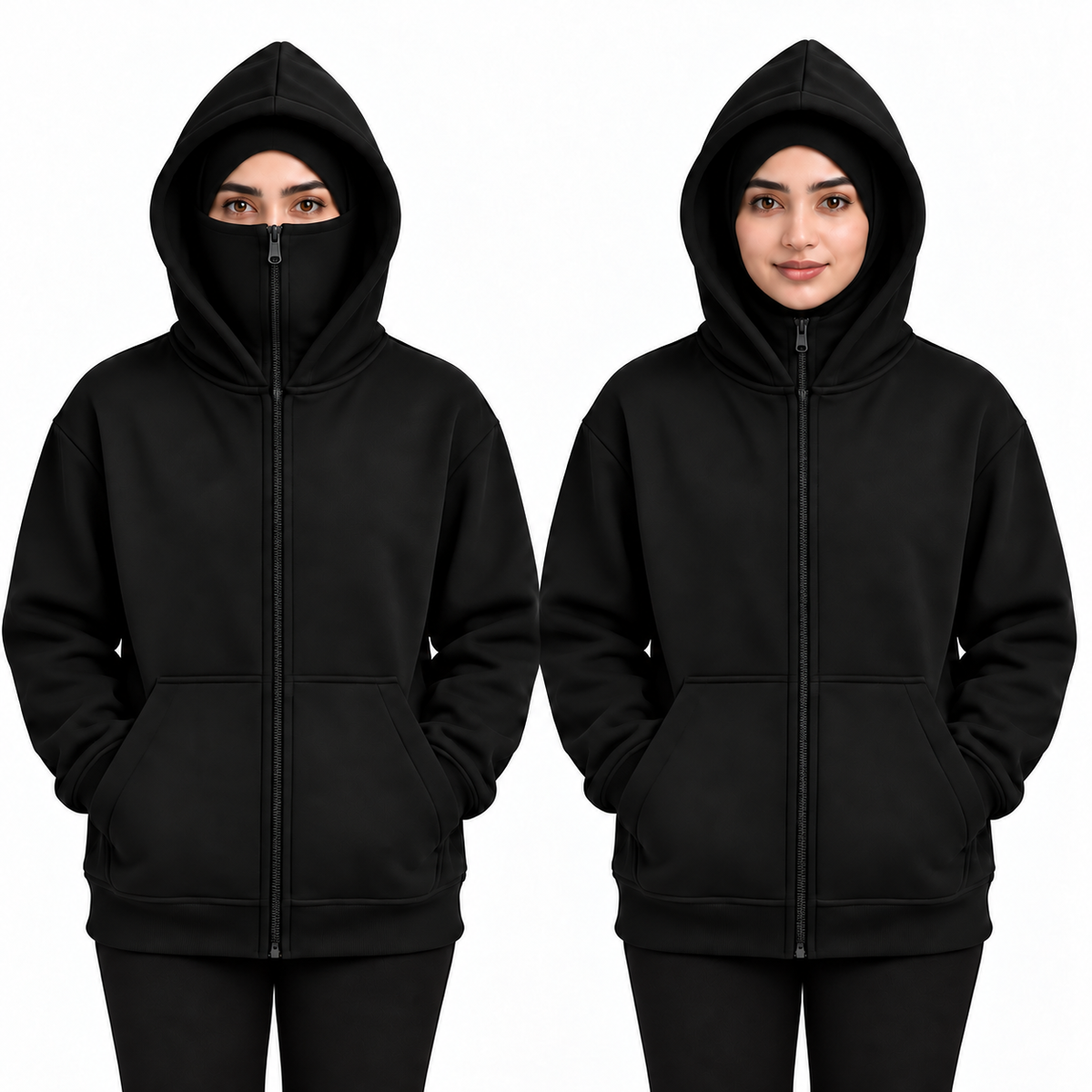Women's Black High-Zip Fleece Balaclava Hoodie shown with face zip raised and lowered