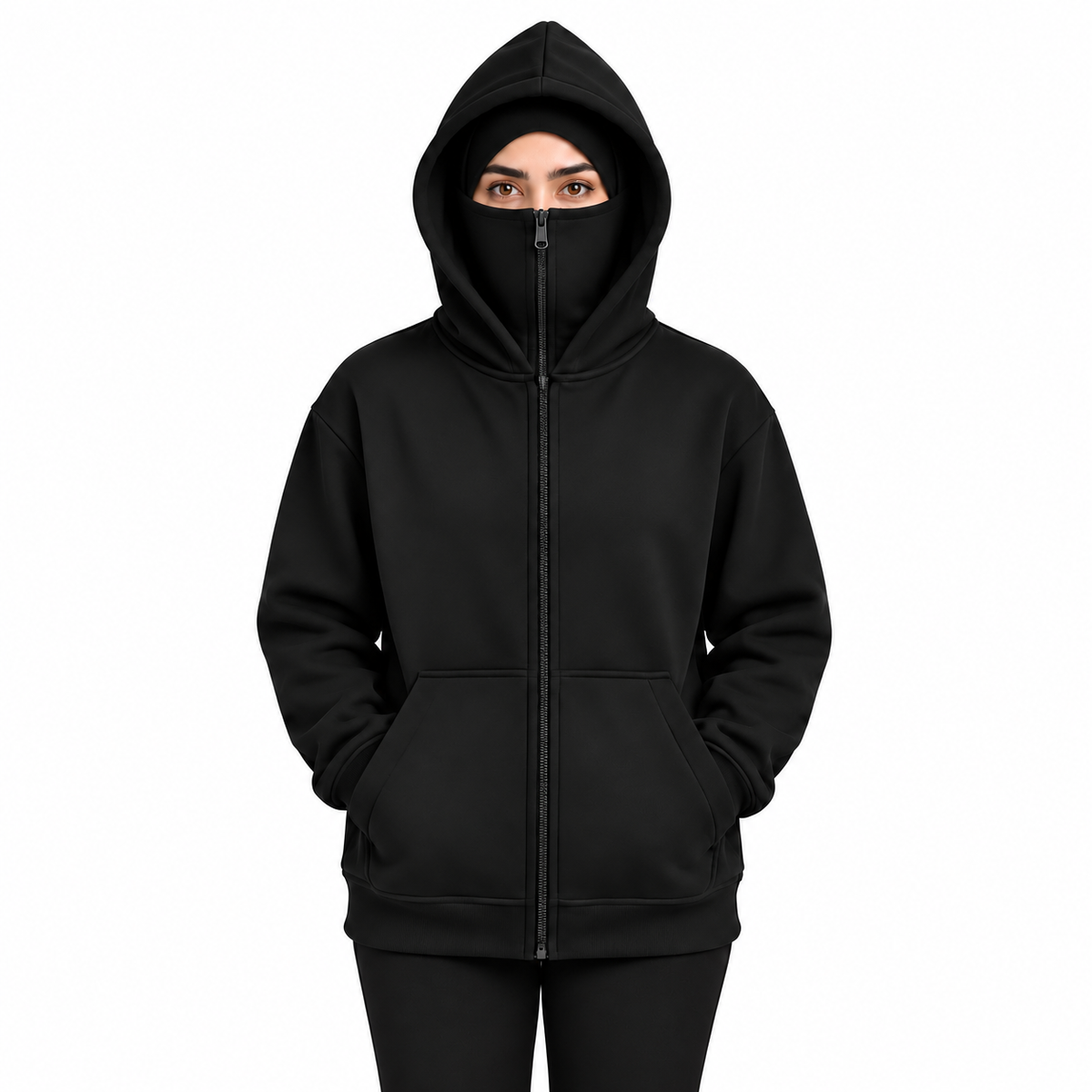 Women's black fleece balaclava hoodie with high zipped face covering, front model view