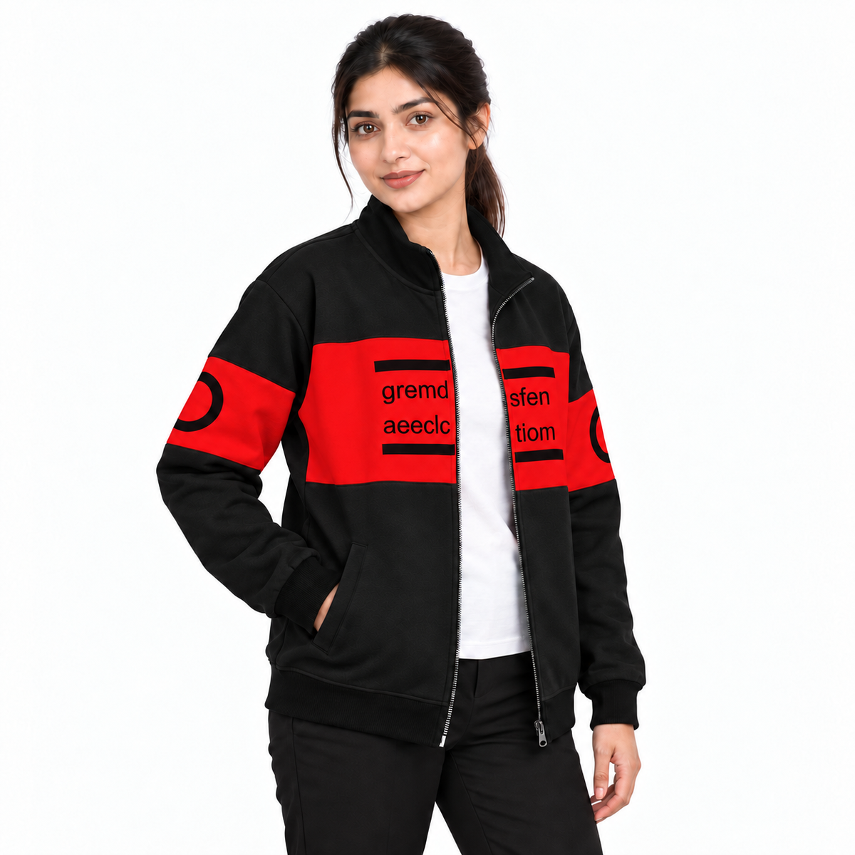 Women's Black & Red Colourblock Fleece Zip-Up Jacket on a female model, front view 1
