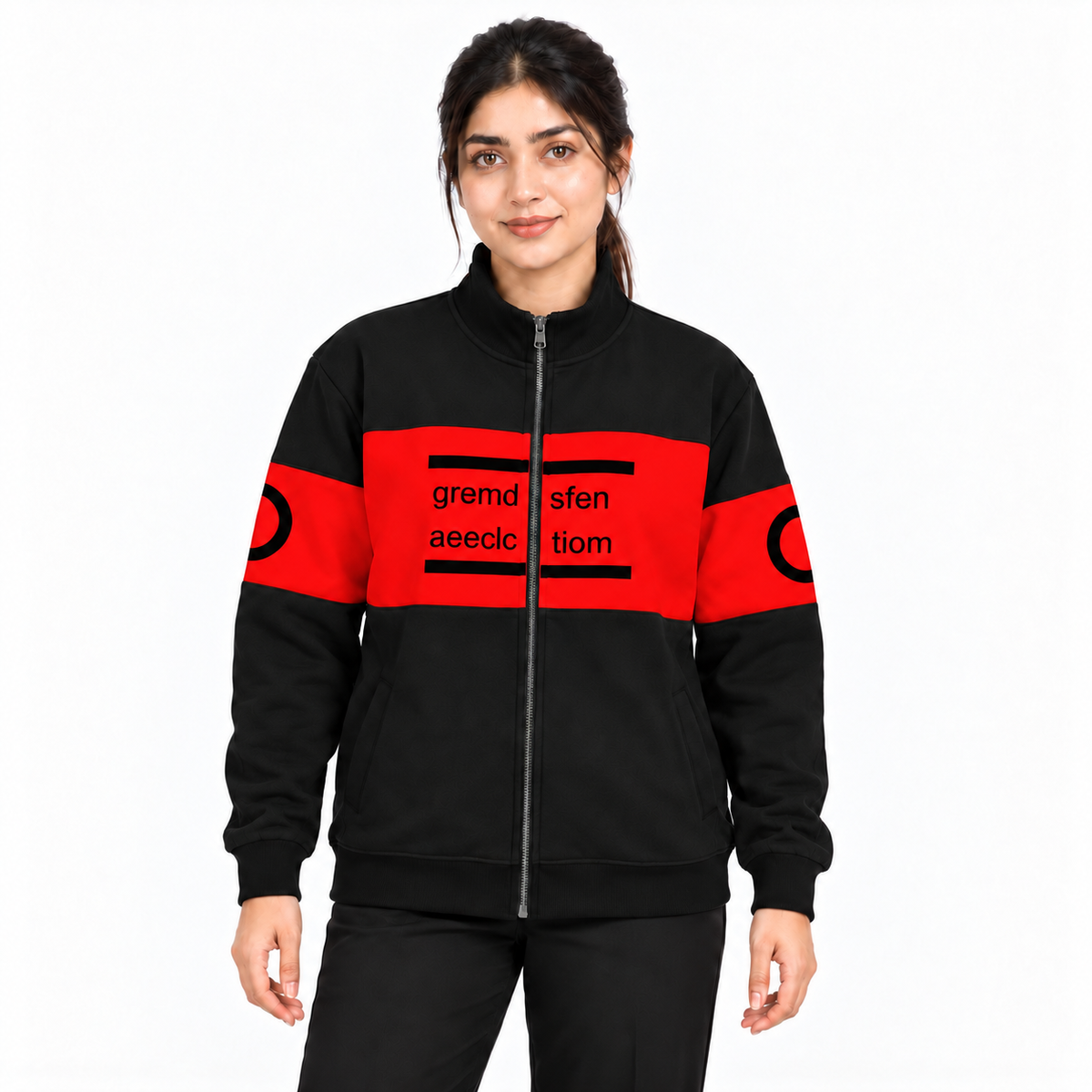 Women's Black & Red Colourblock Fleece Zip-Up Jacket on a female model, front view 2