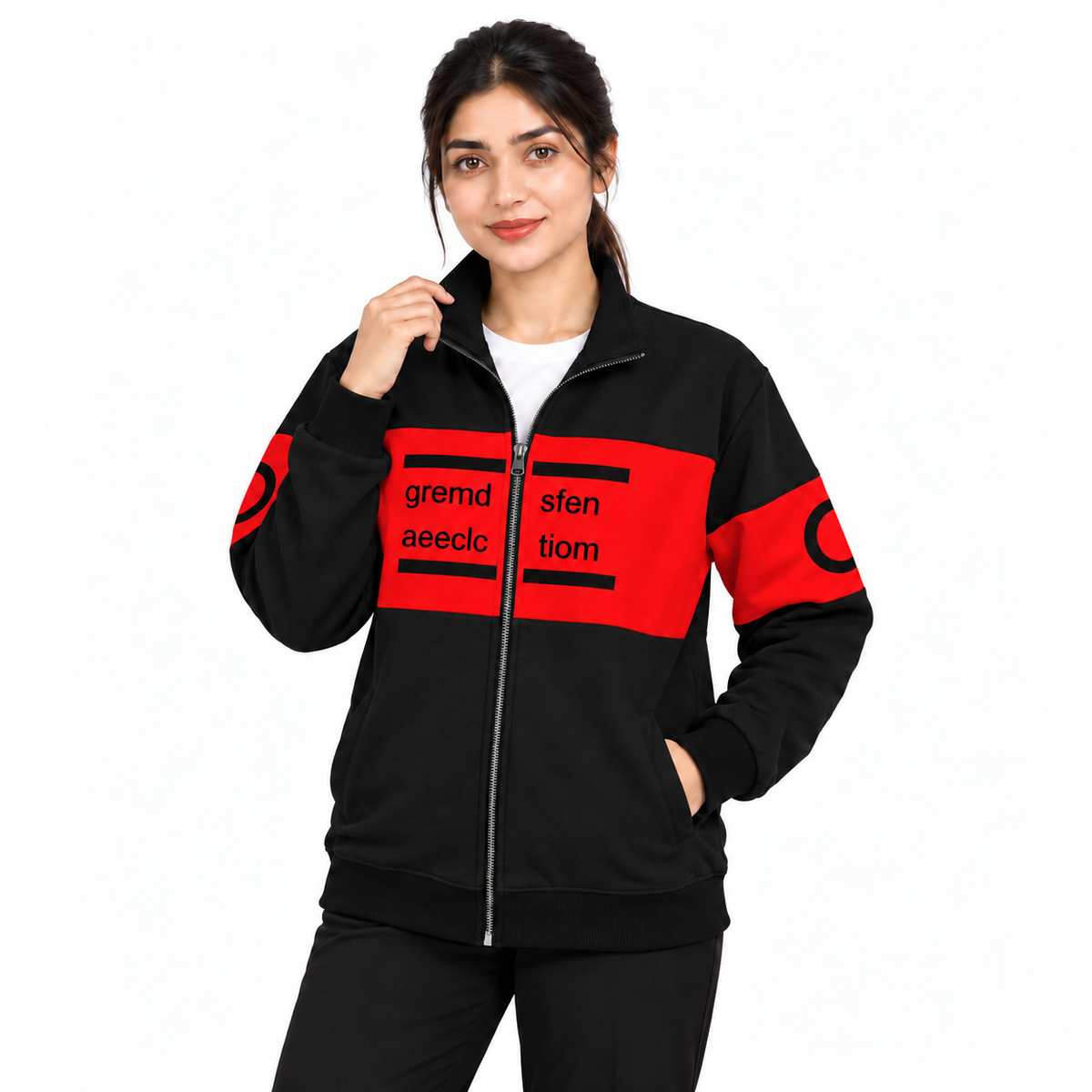 Women's Black & Red Colourblock Fleece Zip-Up Jacket on a female model, front view 3