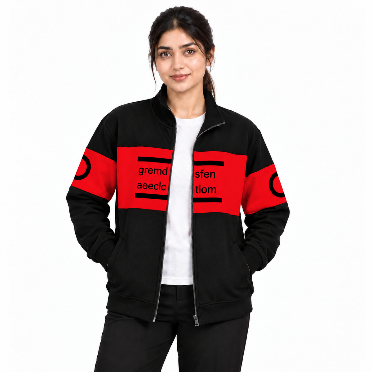 Women's Black & Red Colourblock Fleece Zip-Up Jacket on a female model, front view 4