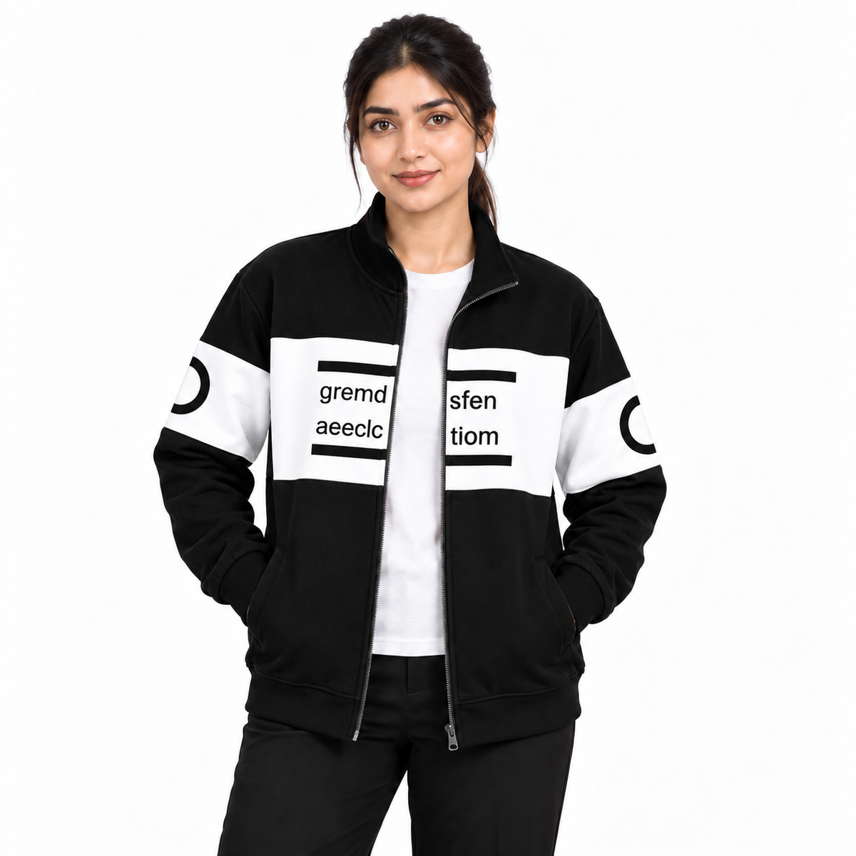 Women's Black & White Colourblock Fleece Zip-Up Jacket on a female model, front view 1