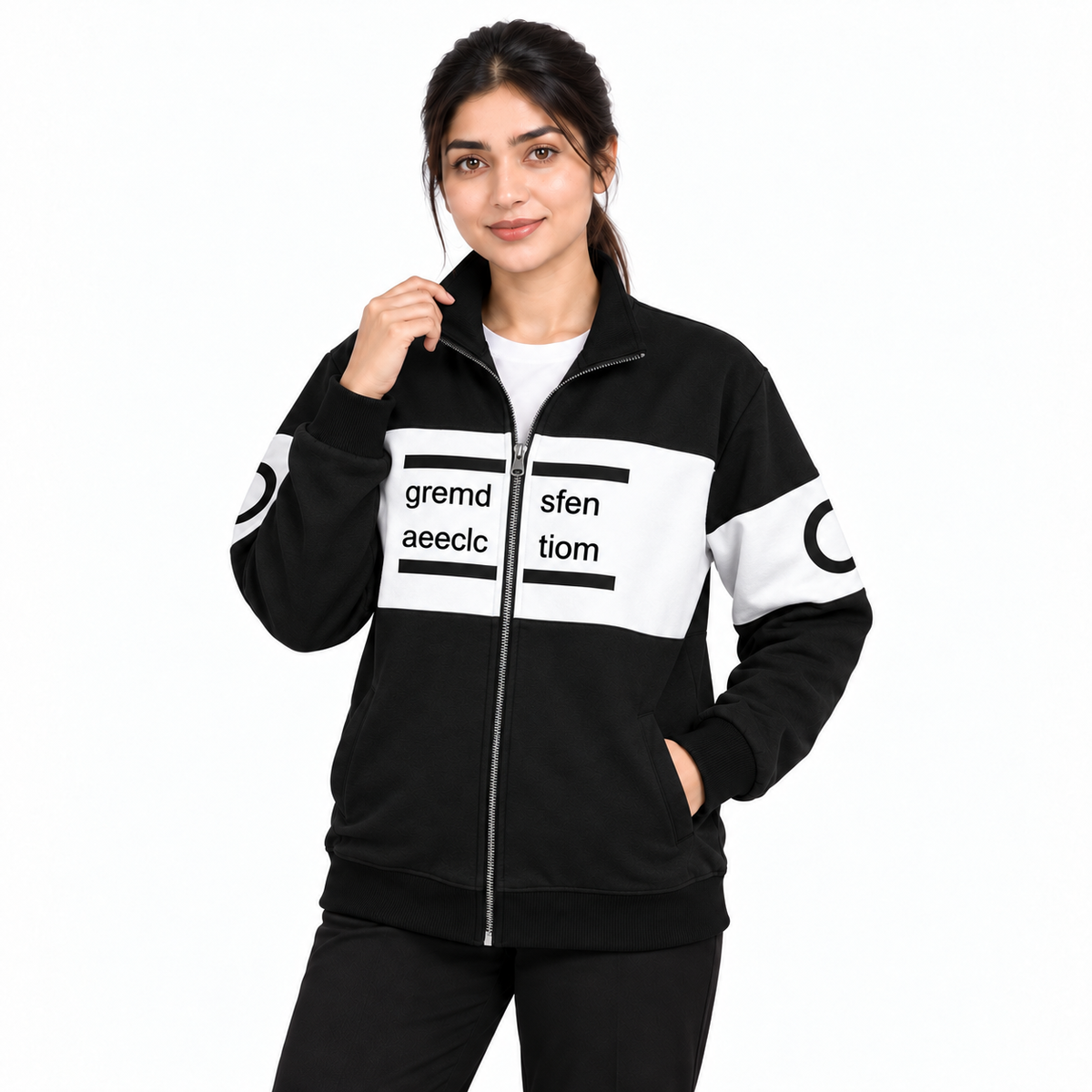 Women's Black & White Colourblock Fleece Zip-Up Jacket on a female model, front view 2