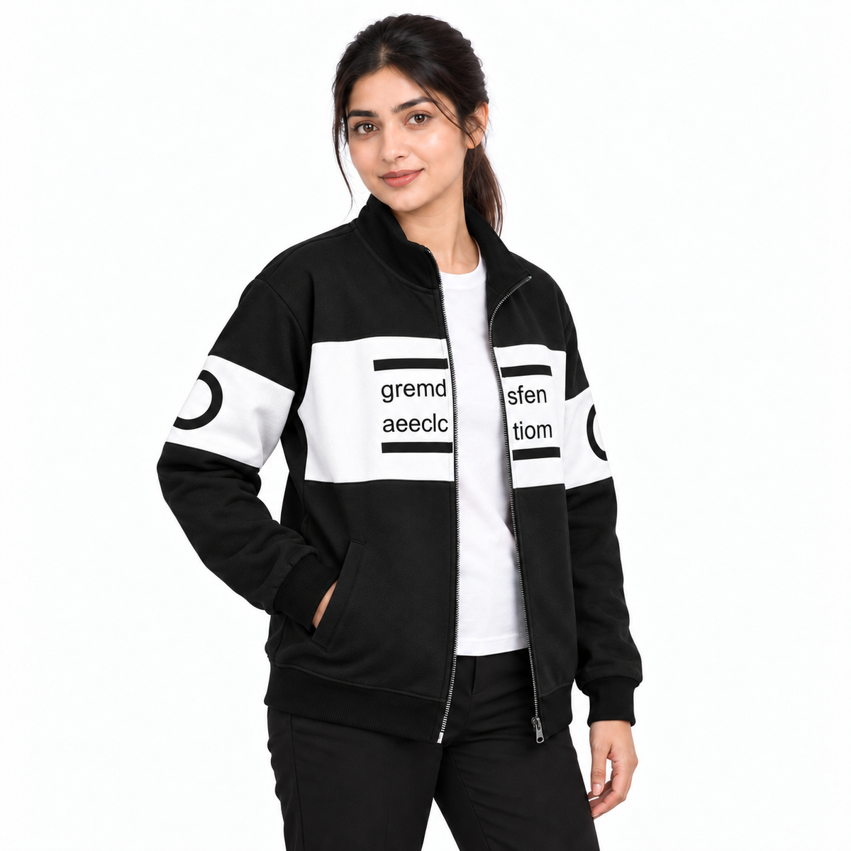 Women's Black & White Colourblock Fleece Zip-Up Jacket on a female model, front view 3