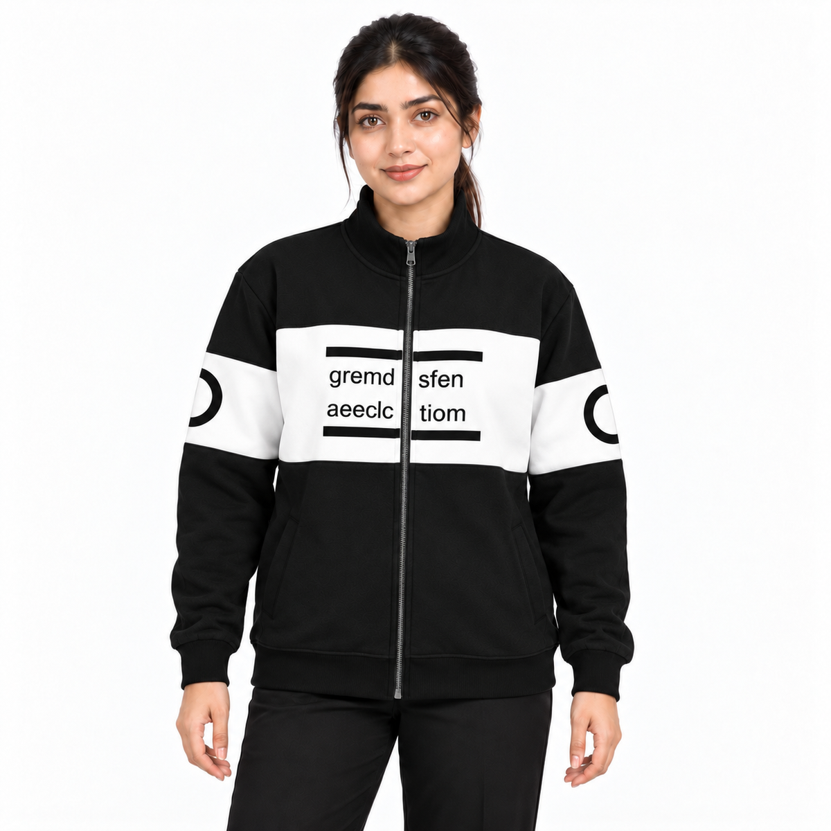 Women's Black & White Colourblock Fleece Zip-Up Jacket on a female model, front view 4