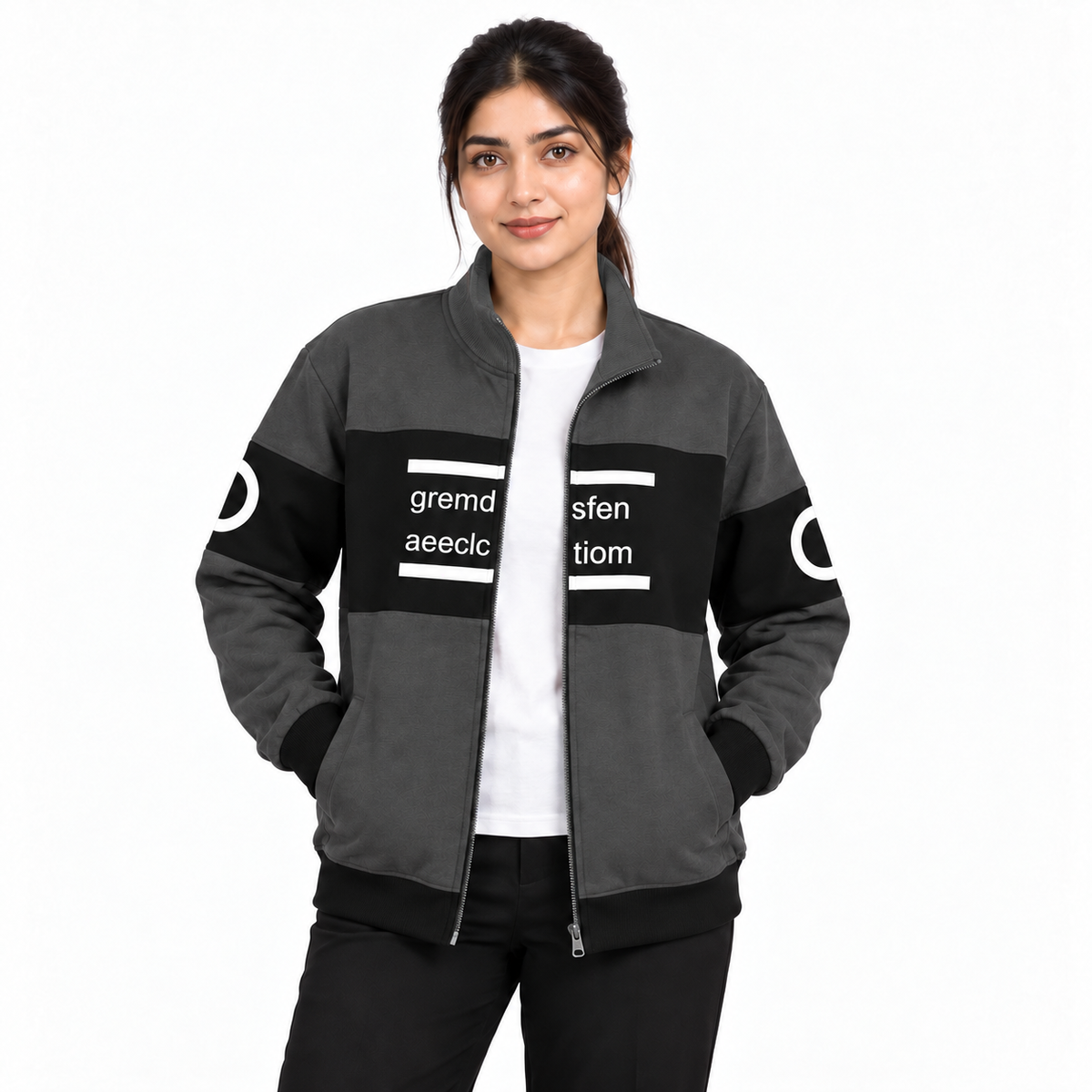 Women's charcoal and black colourblock fleece jacket with matching charcoal collar, front model view 1