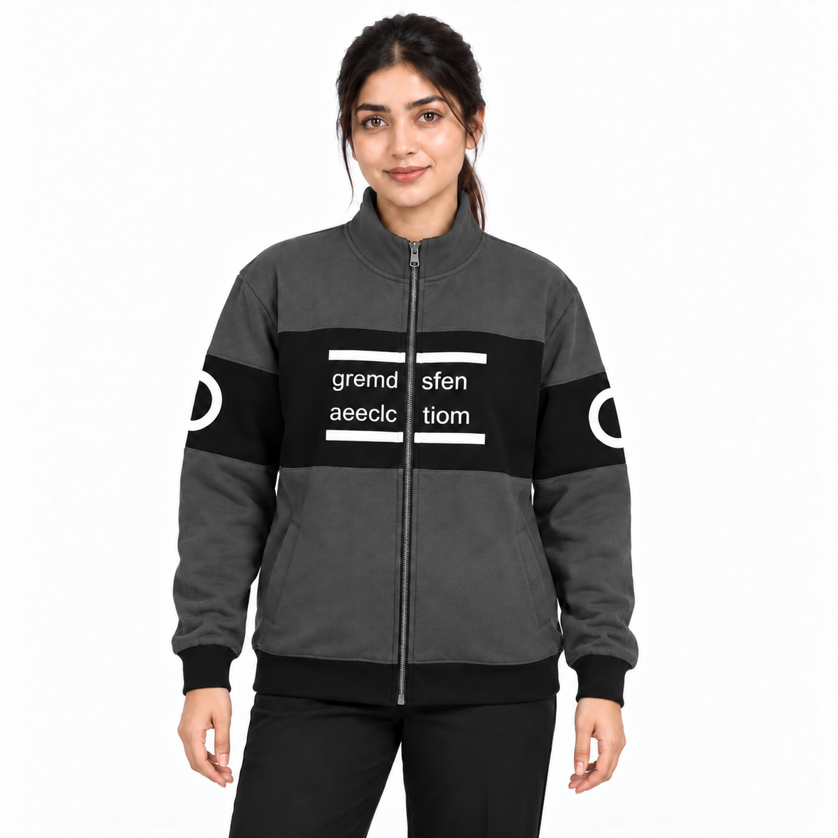 Women's charcoal and black colourblock fleece jacket with matching charcoal collar, front model view 2