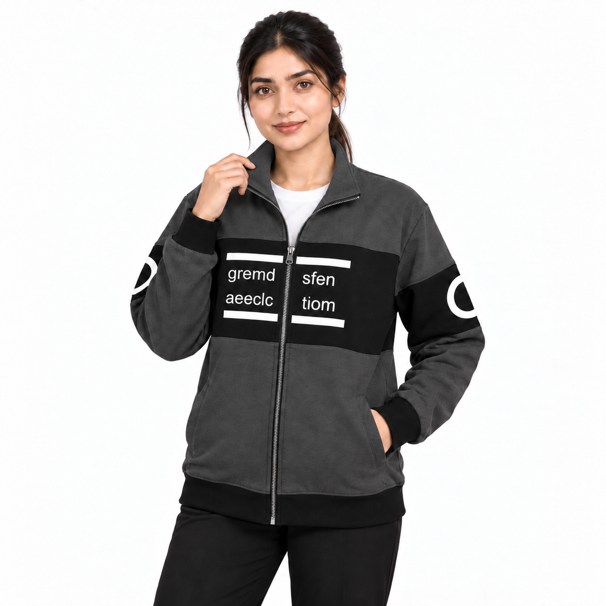 Women's charcoal and black colourblock fleece jacket with matching charcoal collar, front model view 3