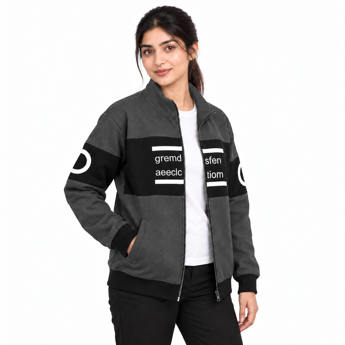 Women's charcoal and black colourblock fleece jacket with matching charcoal collar, front model view 4