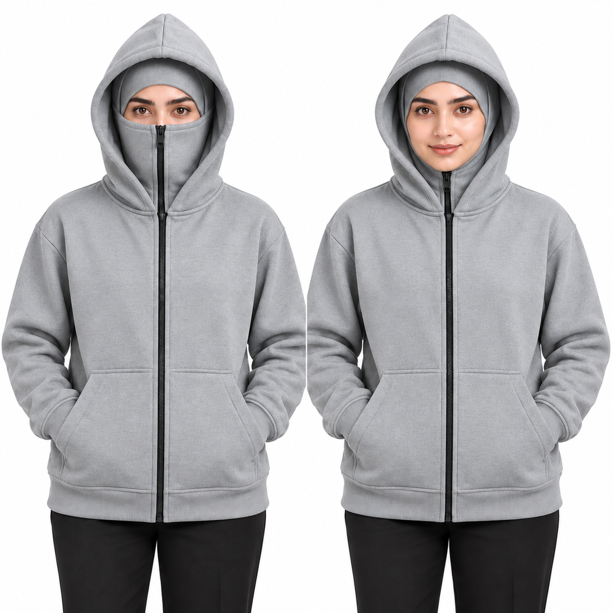 Women's Grey High-Zip Fleece Balaclava Hoodie shown with face zip raised and lowered