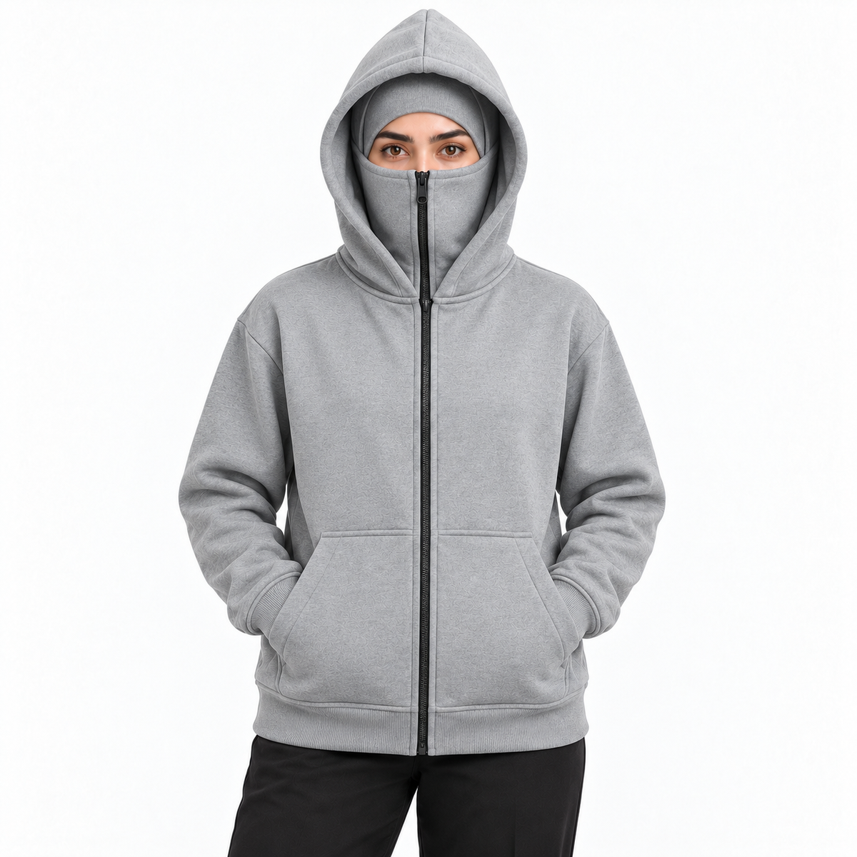 Women's Grey High-Zip Fleece Balaclava Hoodie on a female model, face zip raised