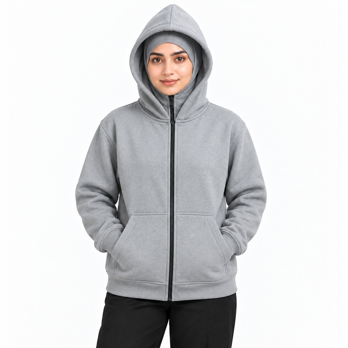 Women's Grey High-Zip Fleece Balaclava Hoodie on a female model, face zip lowered