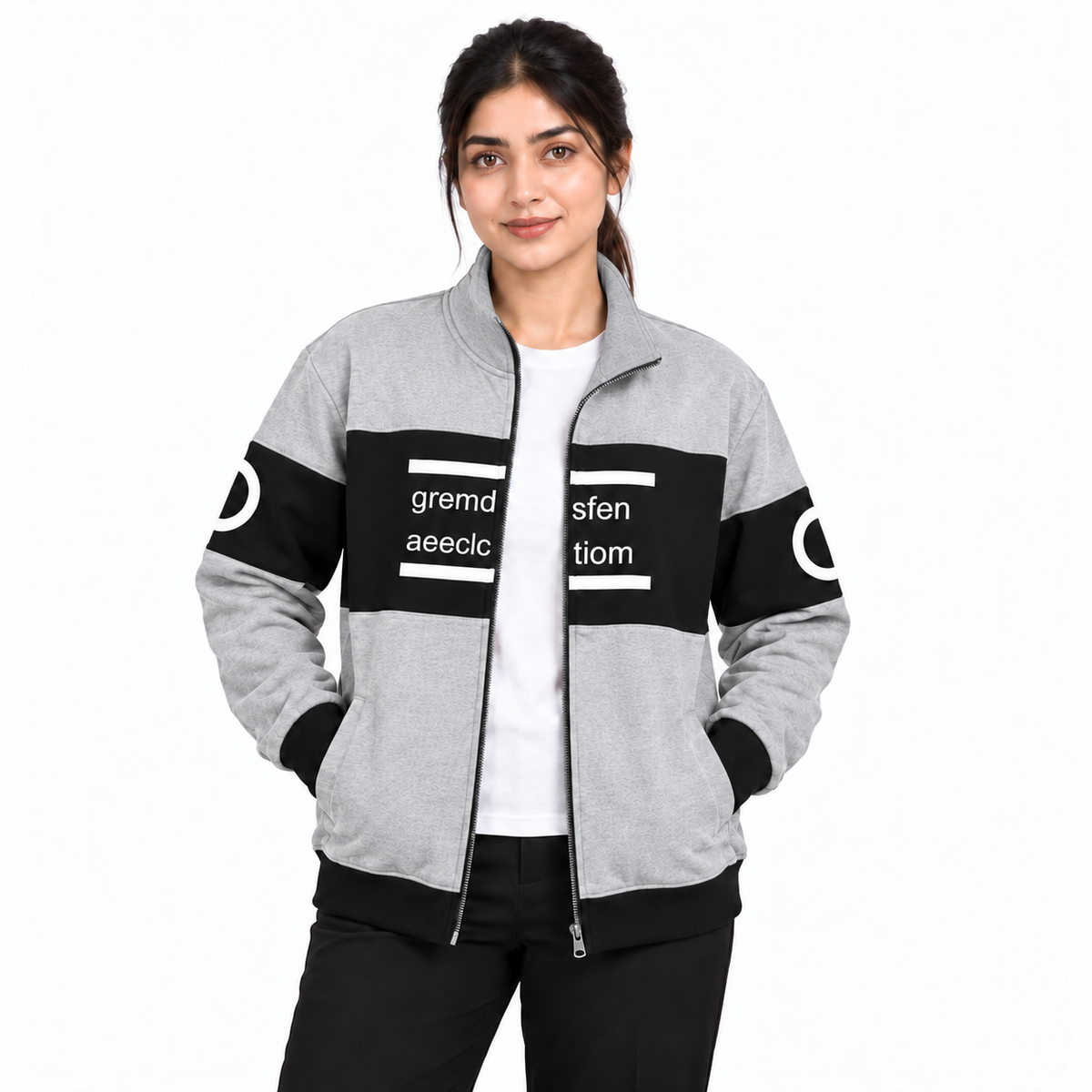 Women's grey and black colourblock fleece jacket with matching grey collar, front model view 1