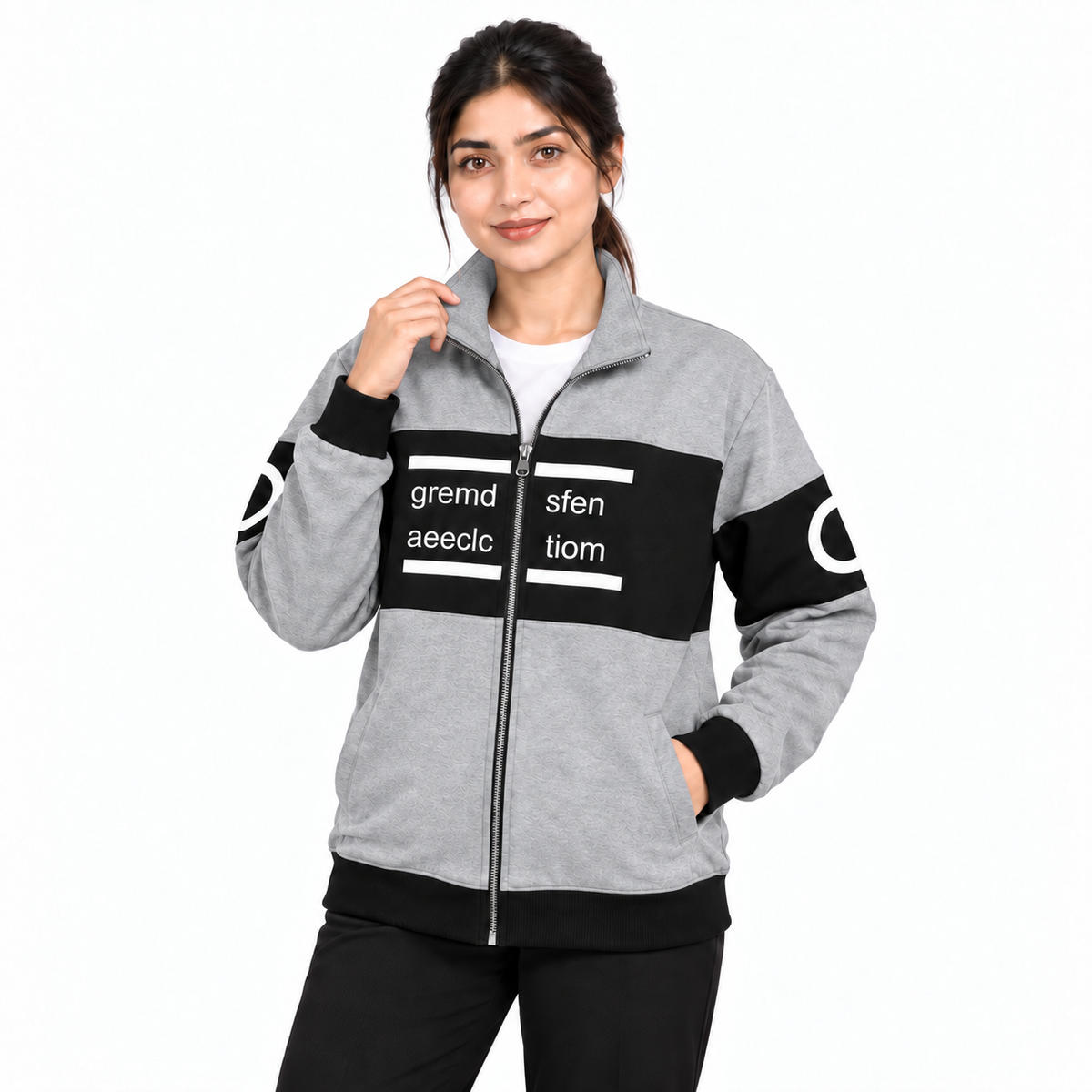 Women's grey and black colourblock fleece jacket with matching grey collar, front model view 2
