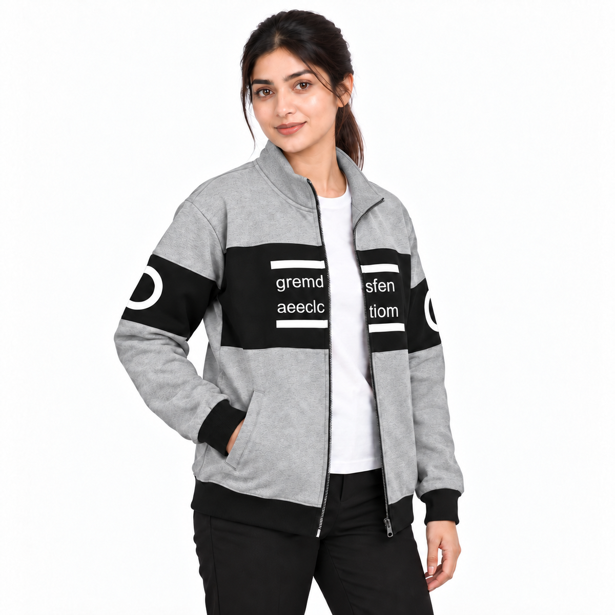 Women's grey and black colourblock fleece jacket with matching grey collar, front model view 3