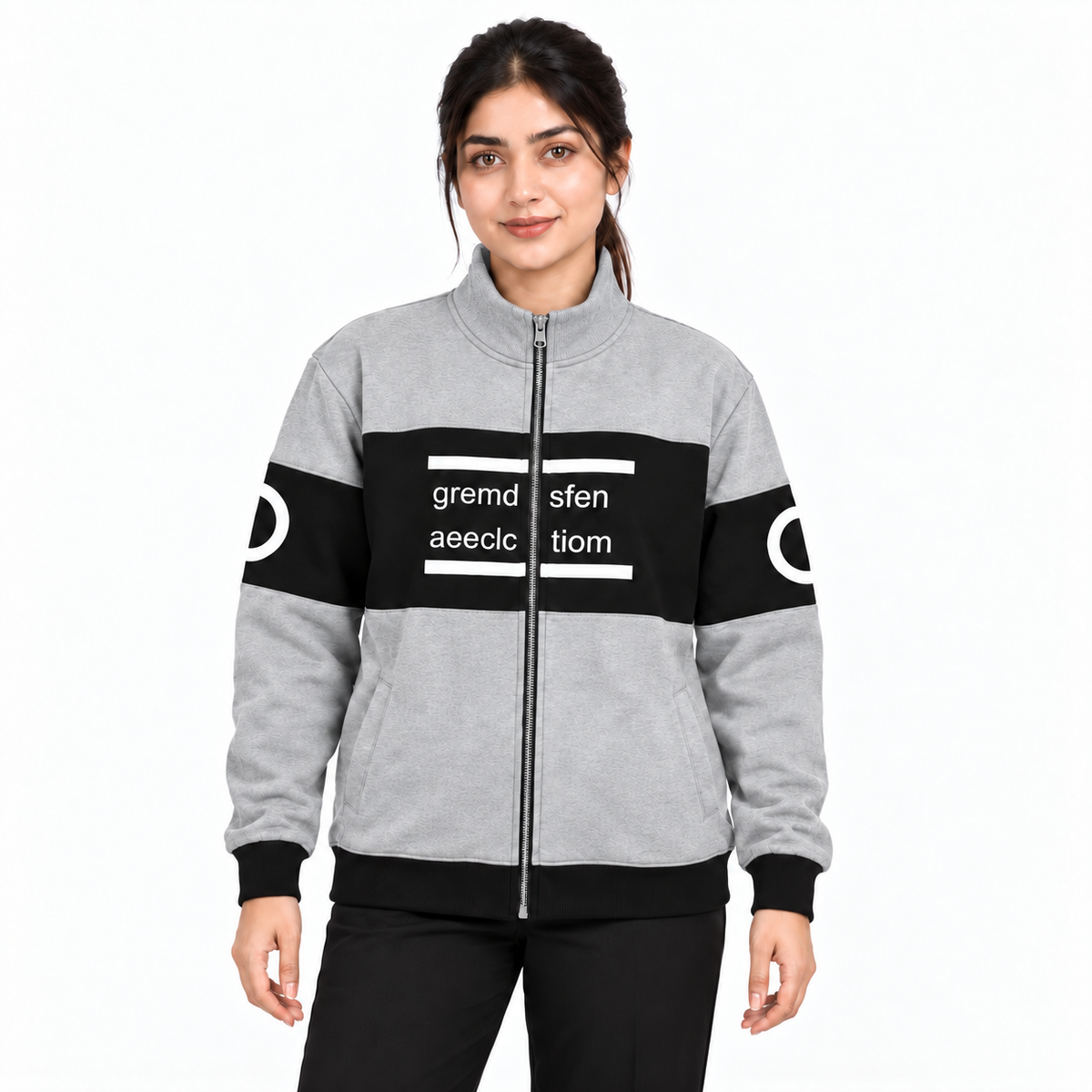 Women's grey and black colourblock fleece jacket with matching grey collar, front model view 4